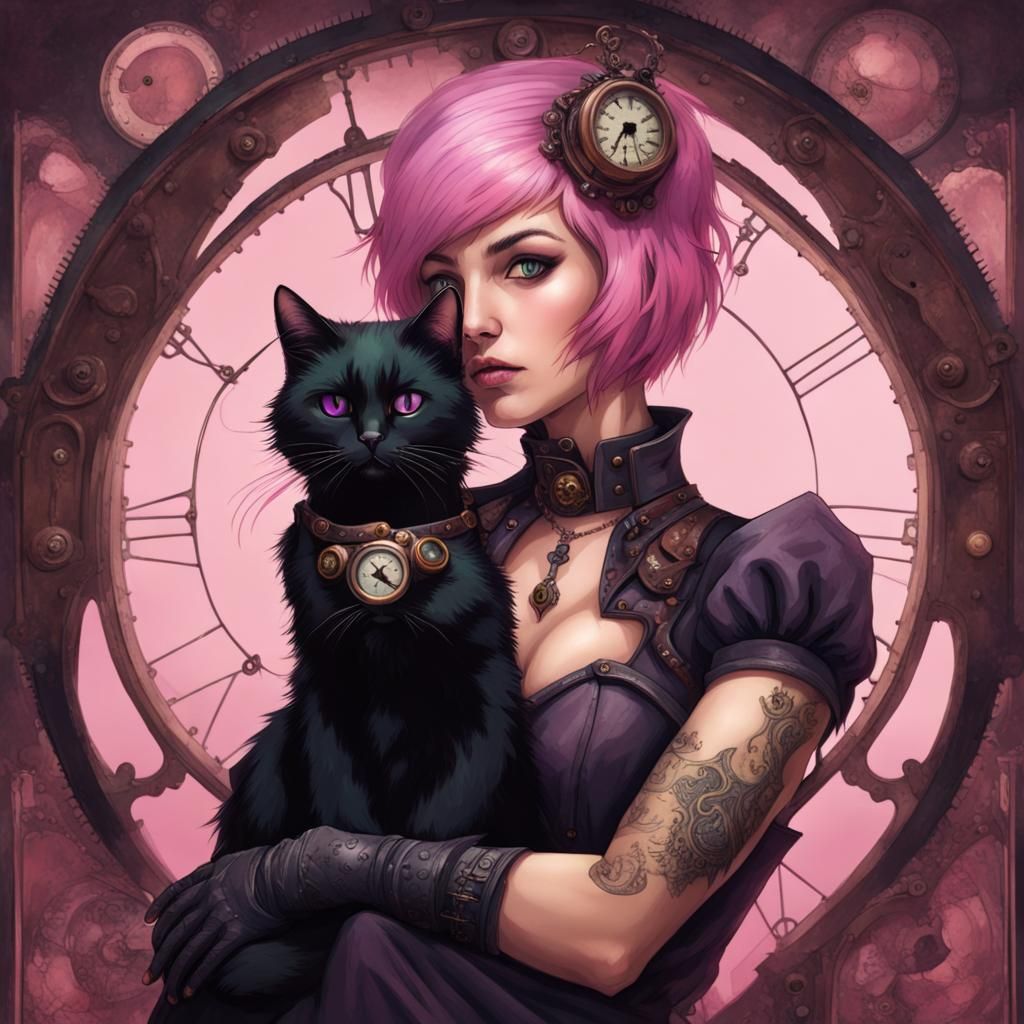 Steampunk Woman with Cat on Lap