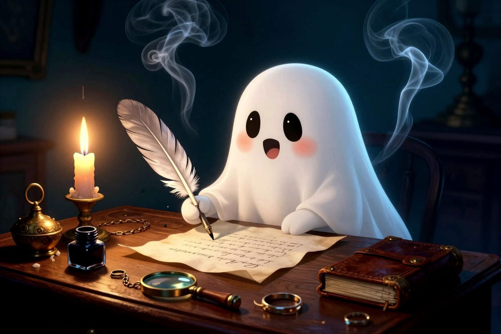 Cute Ghost Writer at Desk by Candlelight