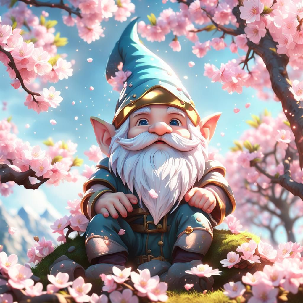 Gnome Under Cherry Blossom Tree: 3D Anime Art