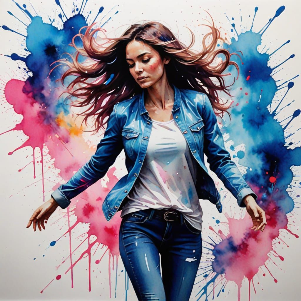 Neon Watercolour Woman Dancing in Ink Splatter