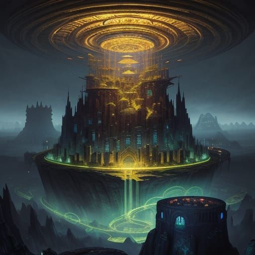 Epic Fantasy Cityscape with Glowing Crystal and Fortress