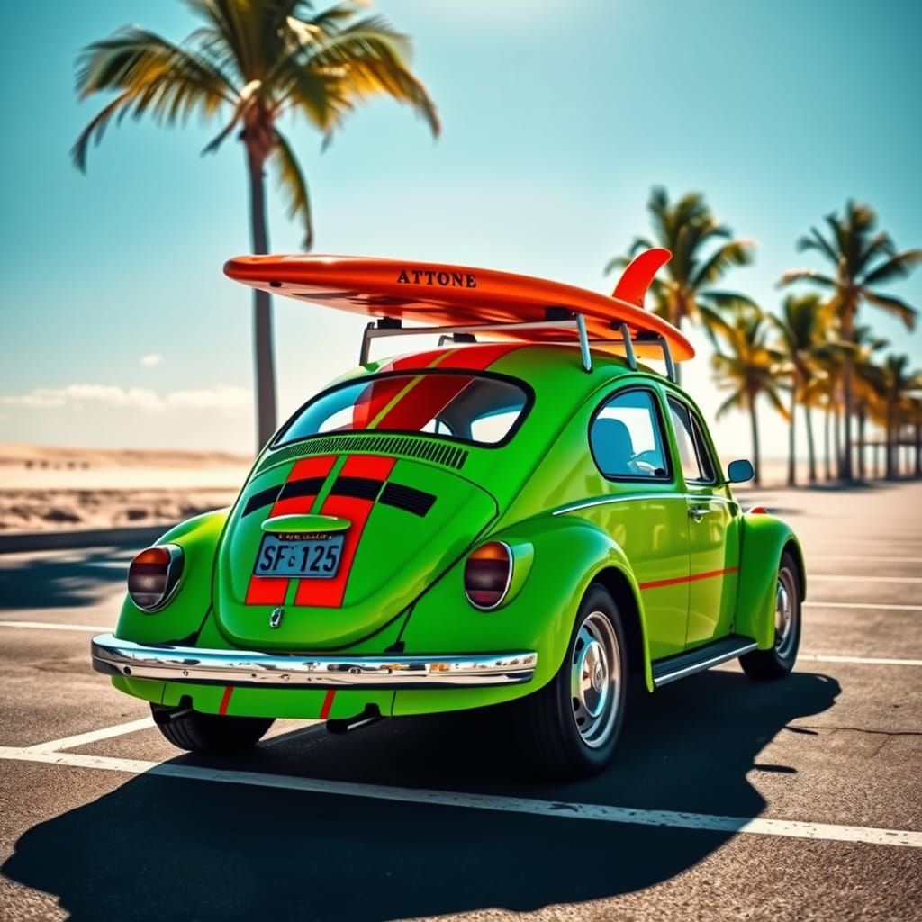 Hyperrealistic VW Beetle on Beach, Summer Day