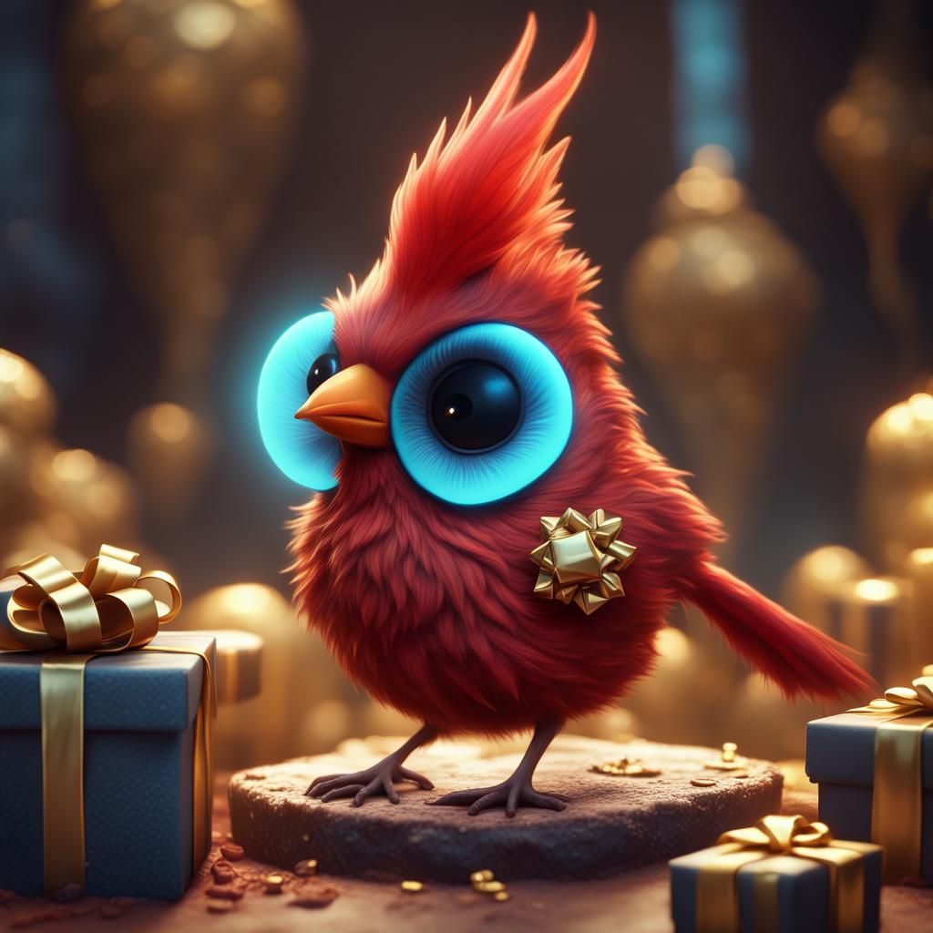 Fantasy Cardinal with Golden Gift, Detailed Digital Art