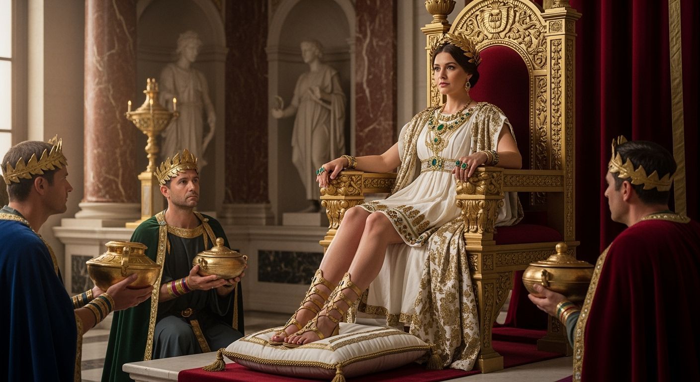Regal Roman Empress on Gold Throne in Lavish Palace
