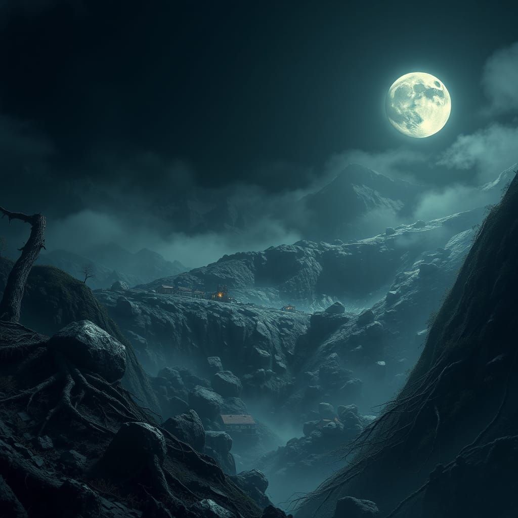 Ethereal Black Moon Over Catastrophic Landslide