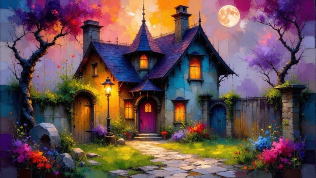 Mystical Neo-Gothic Cottage in Ethereal Fractal Haze Oil Pai...