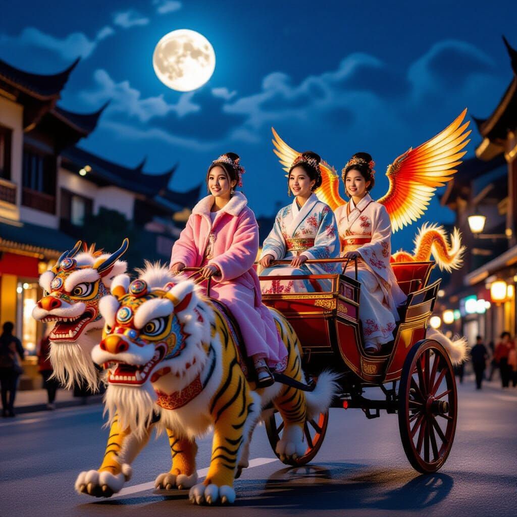 Girls in Hanfu Ride Tiger Carriage with Dragons