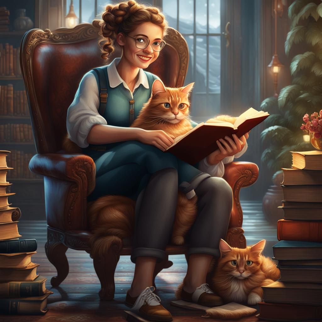 Woman Reading with Cat: Fantasy Concept Art