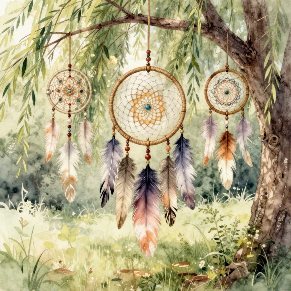Boho Dream Catchers Hanging from Willow Tree