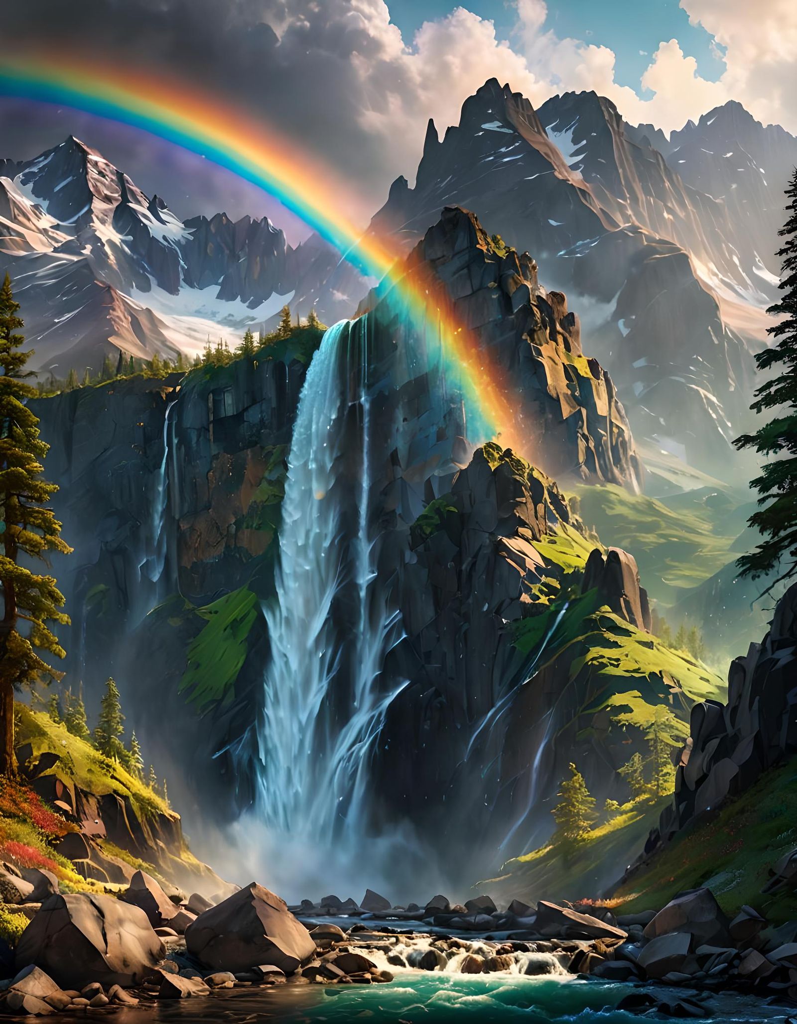 Shimmering Waterfall Rainbow in Rocky Mountains