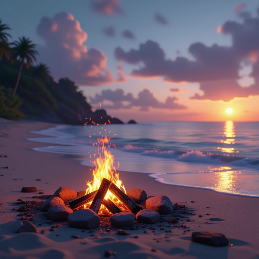 Beach Campfire at Sunset in 3D Game Cinematic Style