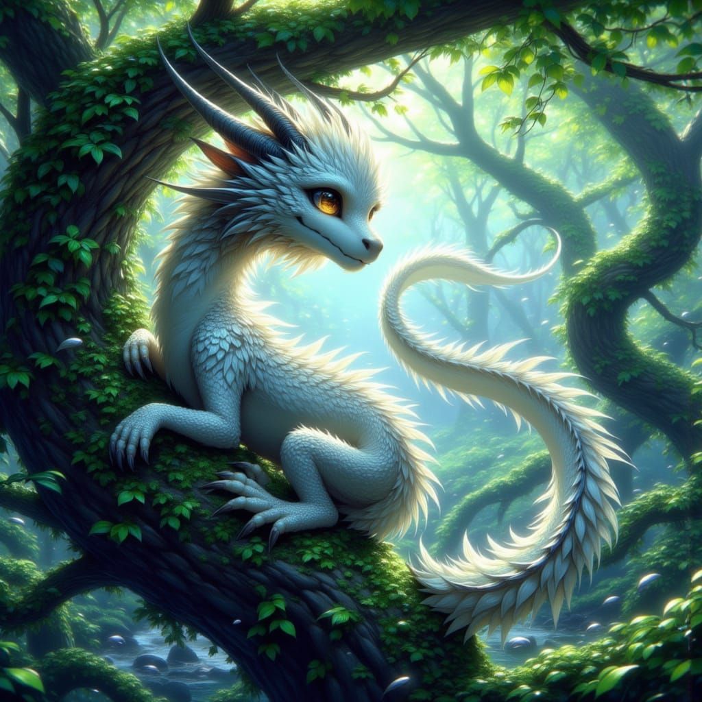 White Dragon in Misty Forest: Fantasy Concept Art