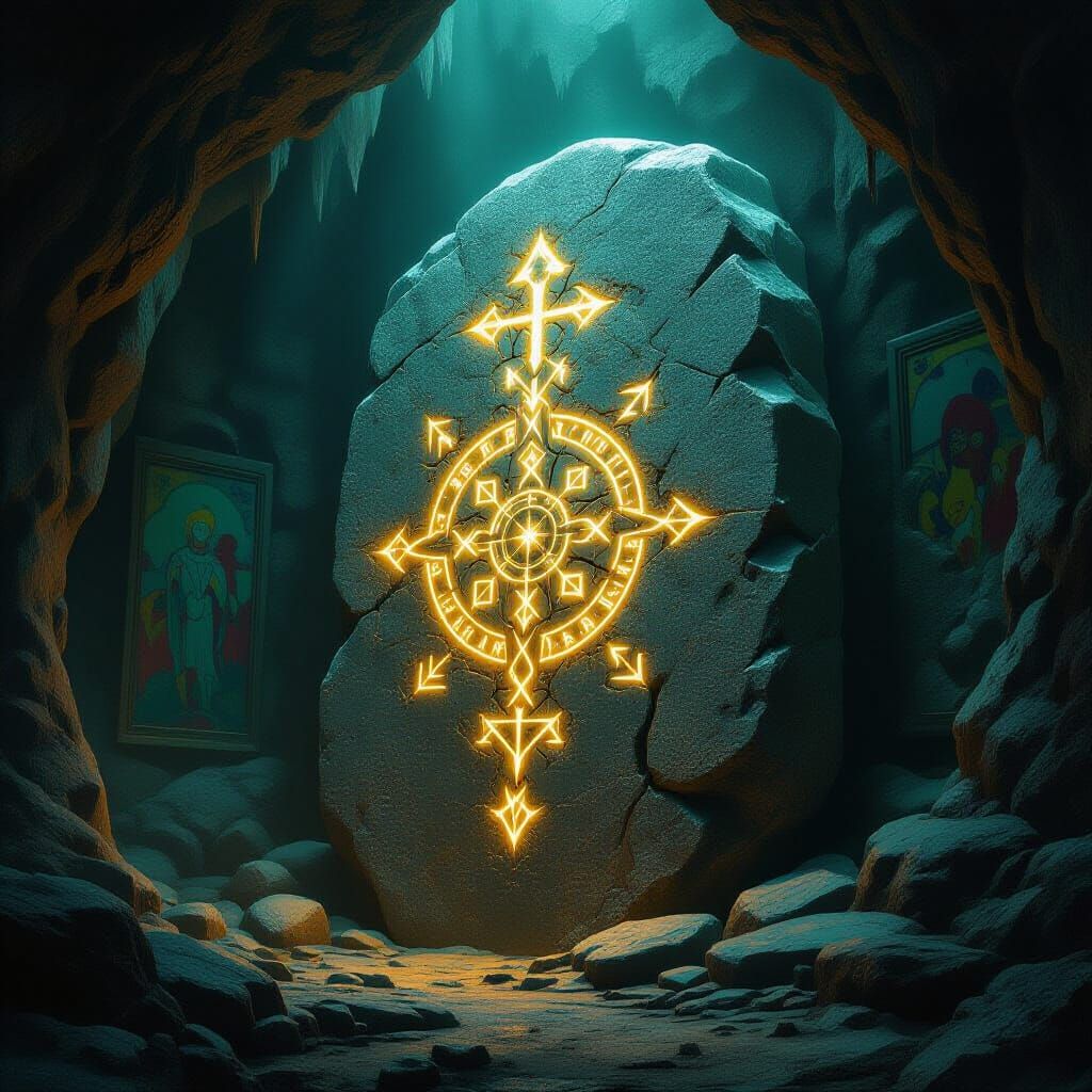 Mystical Runestone Tablet in a Dimly Lit Cavern