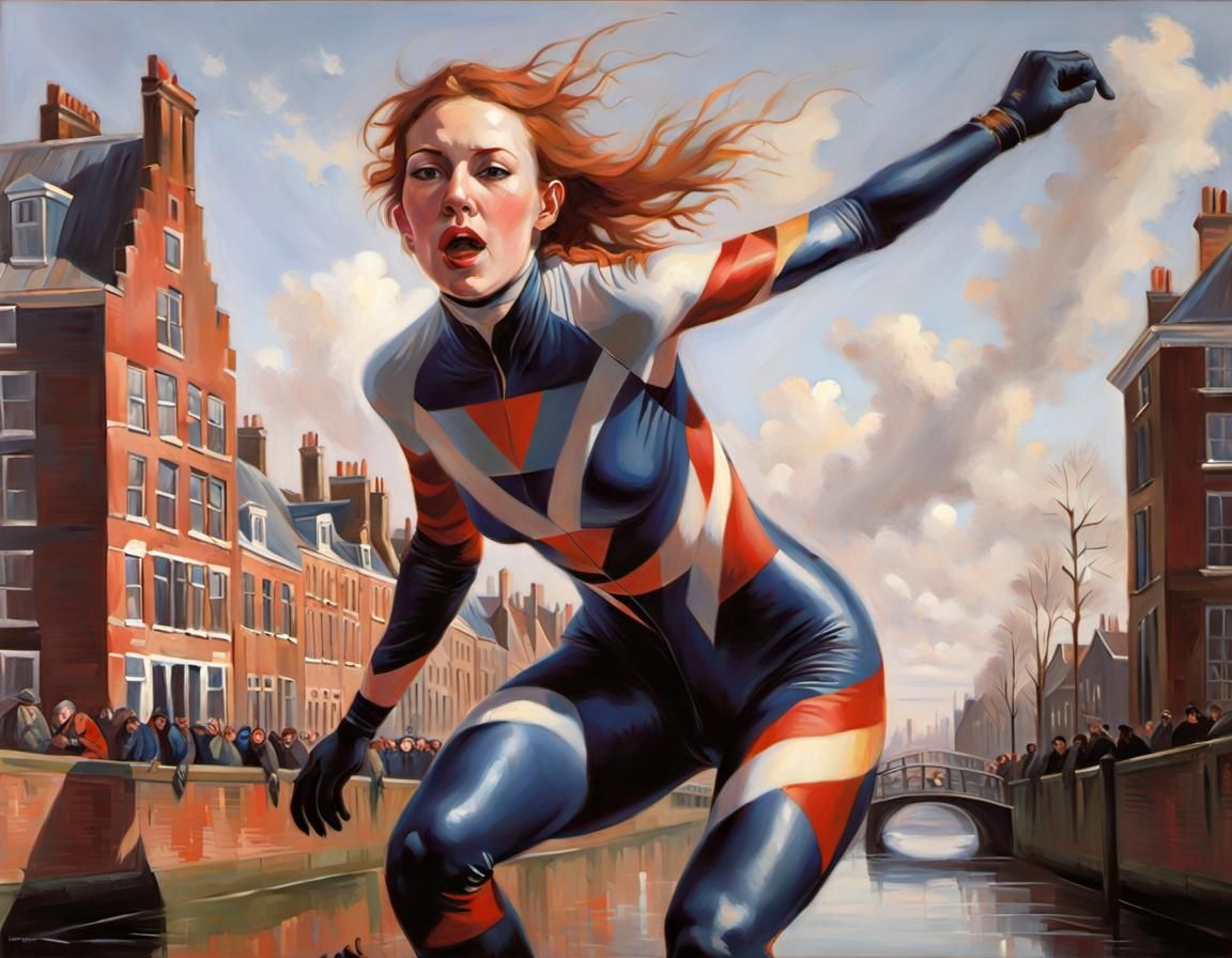 Female Skater Races on Frozen Canal: Oil Painting