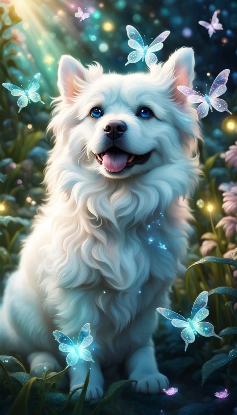 Crystal Dragonflies and Puppy in Enchanted Garden