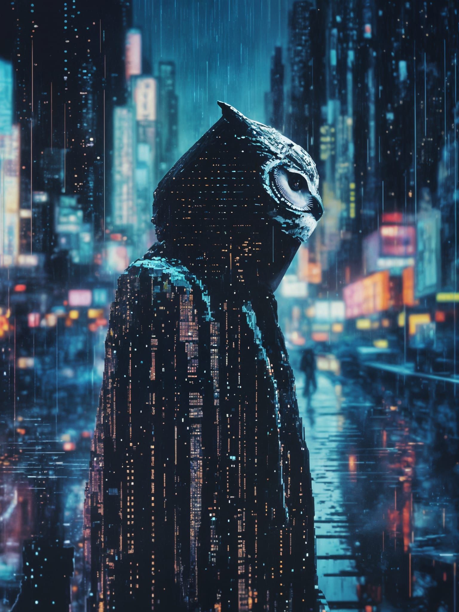 Cyberpunk Human Cyborg Owl Takes Flight in Rainy Cityscape