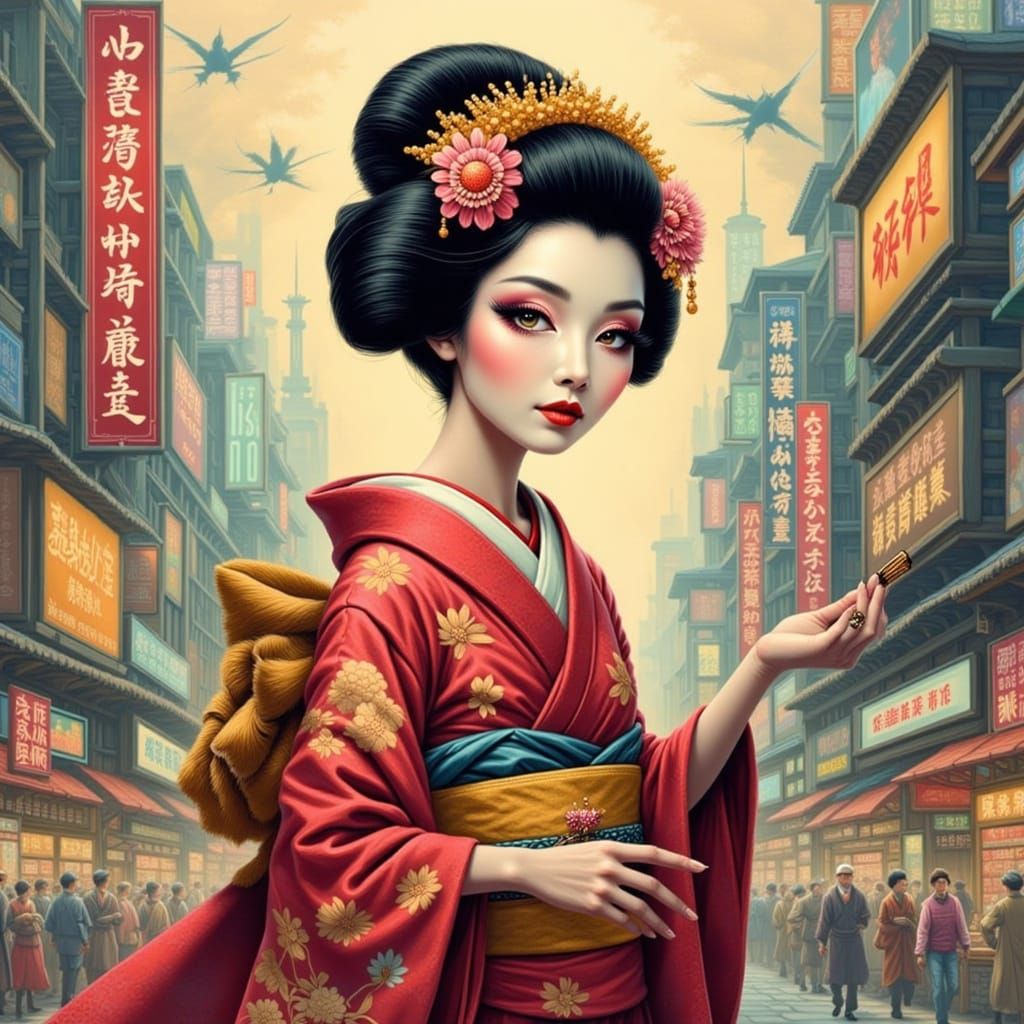 Geisha in Futuristic Cityscape, Cartoon Comic Style