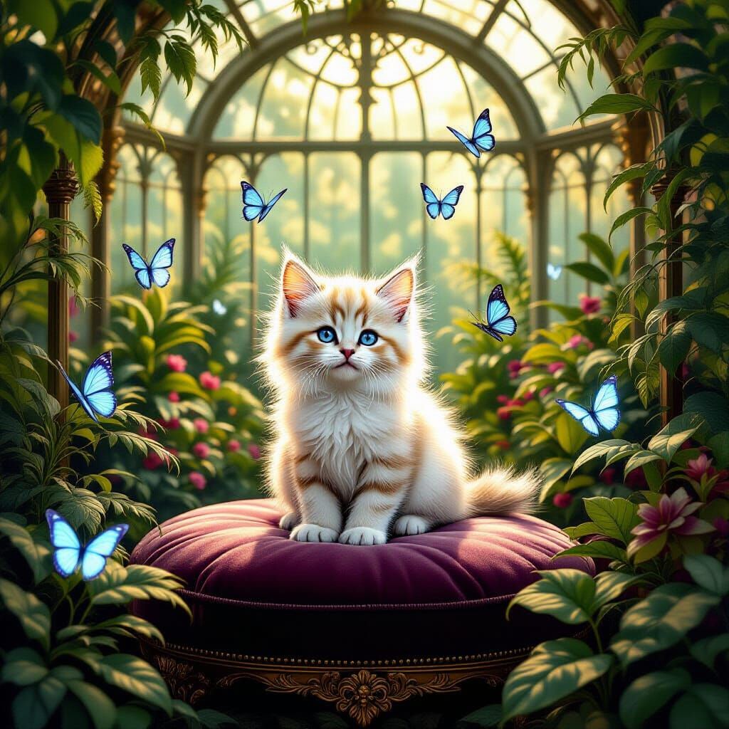 Fluffy Kitten in Enchanted Bioluminescent Greenhouse