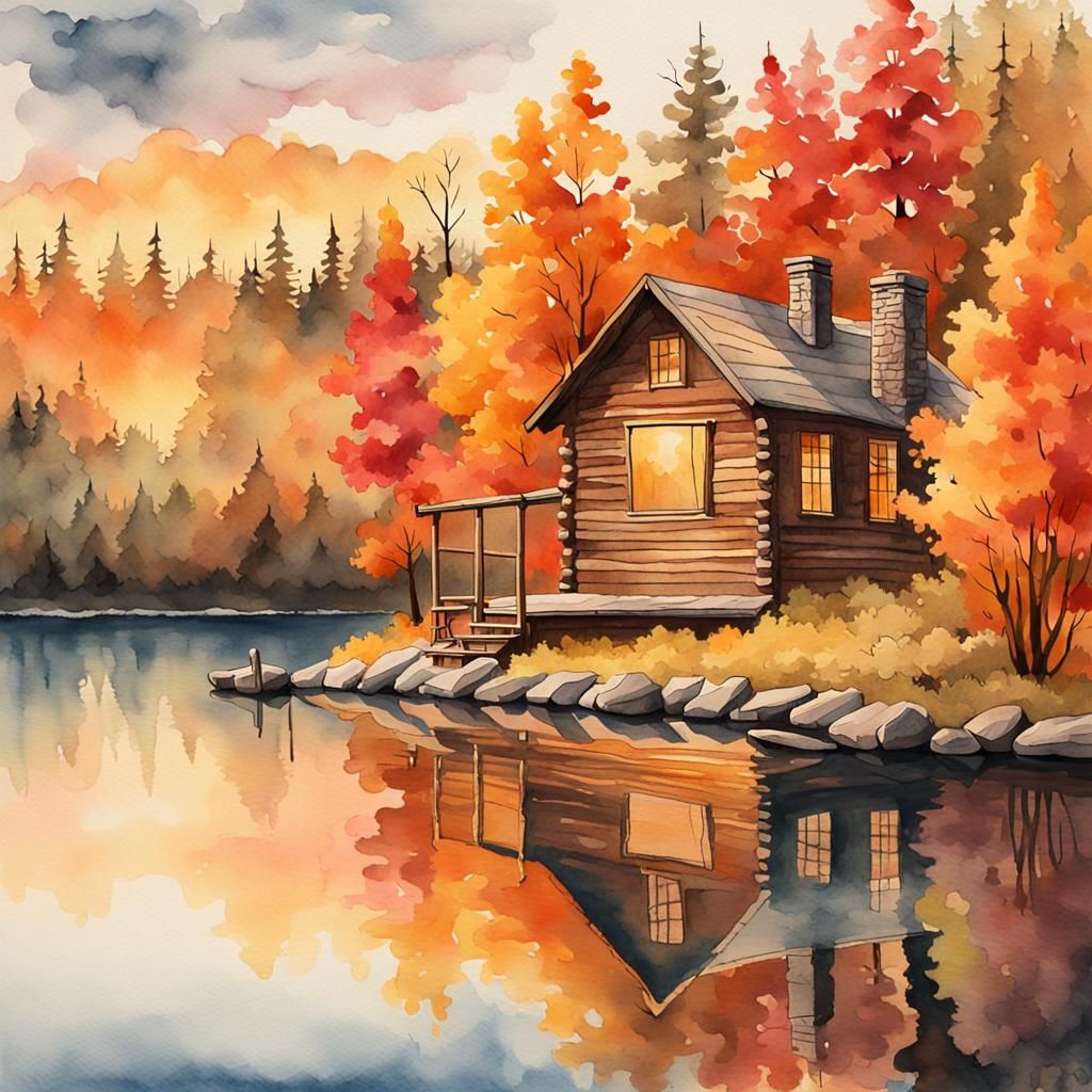 Autumn Cabin Reflected in Lake: Watercolor Painting