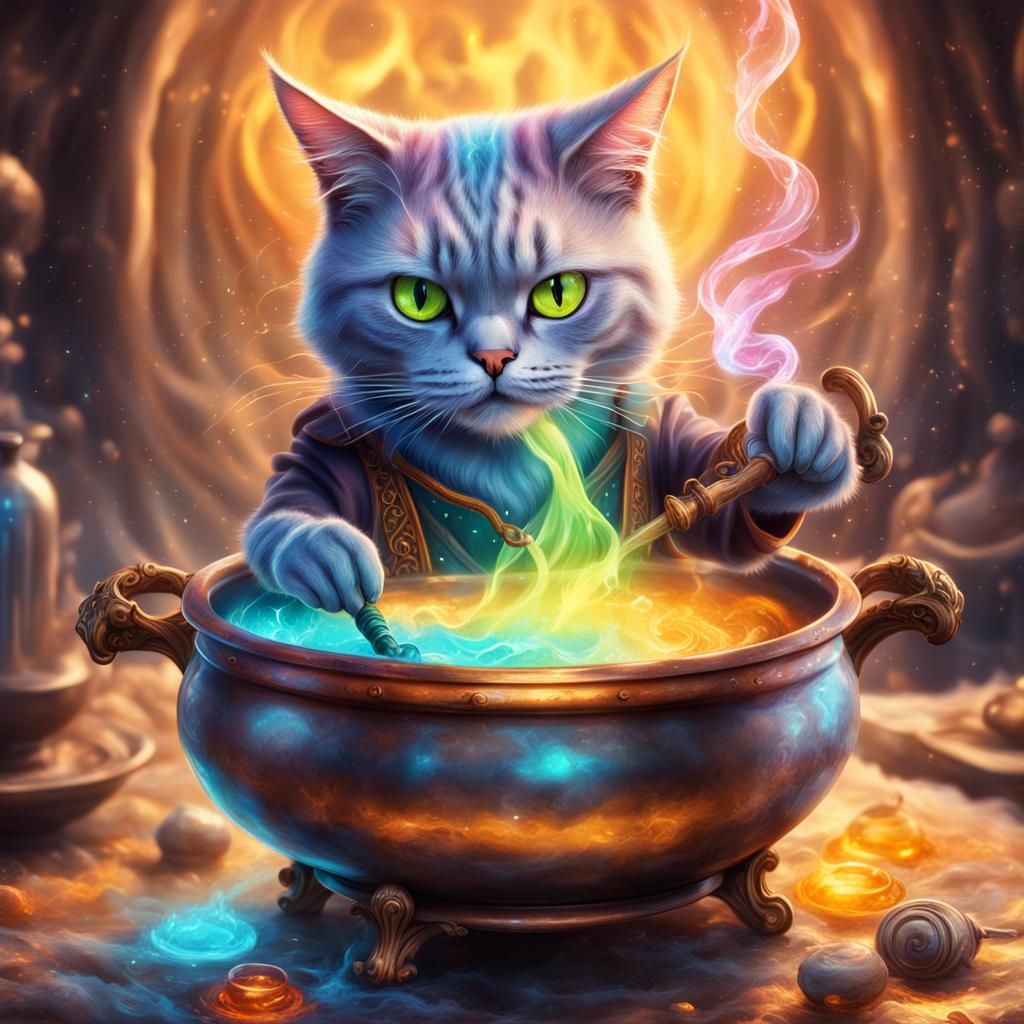 Wizard Cat Brewing Potion: Digital Matte Painting