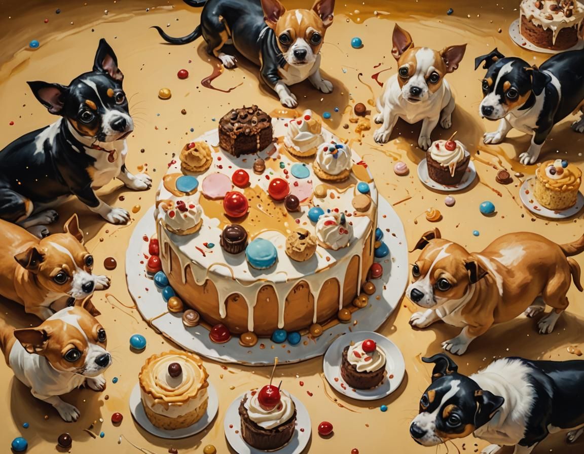 Small Dogs Eating Cake in Surreal Style