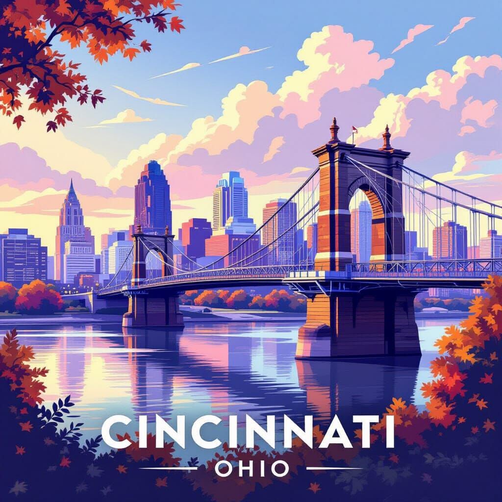 Cincinnati Ohio Skyline and Suspension Bridge Illustration