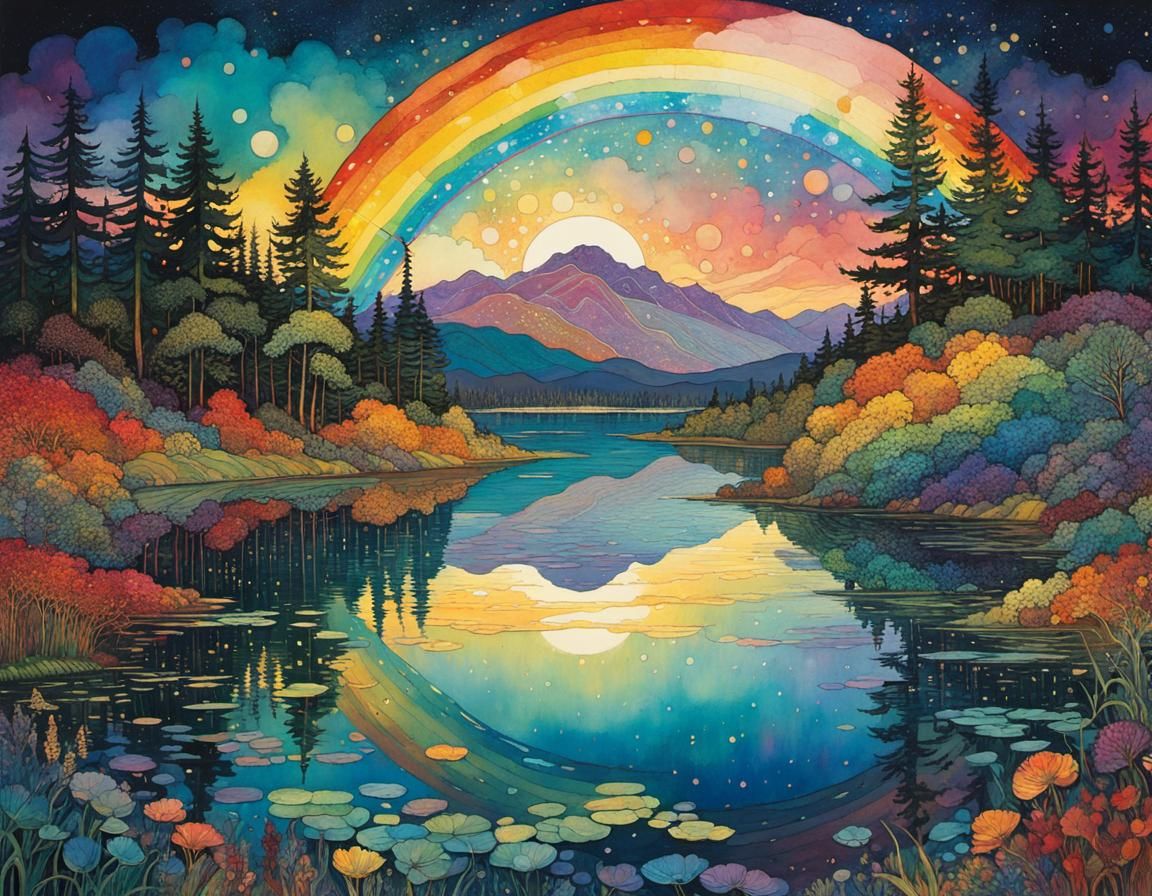 Rainbow Reflected in Serene Lake: Whimsical Illustration