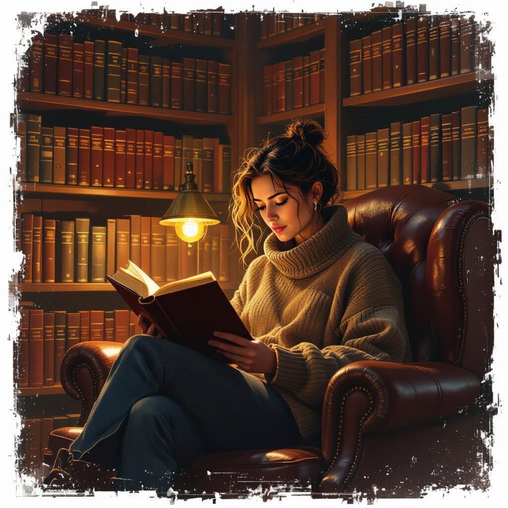 Cozy Library Reader in Retro-Futuristic Style