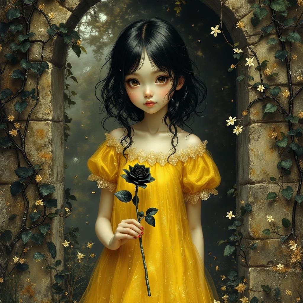 Gothic Girl in Yellow Sundress Holding Black Rose