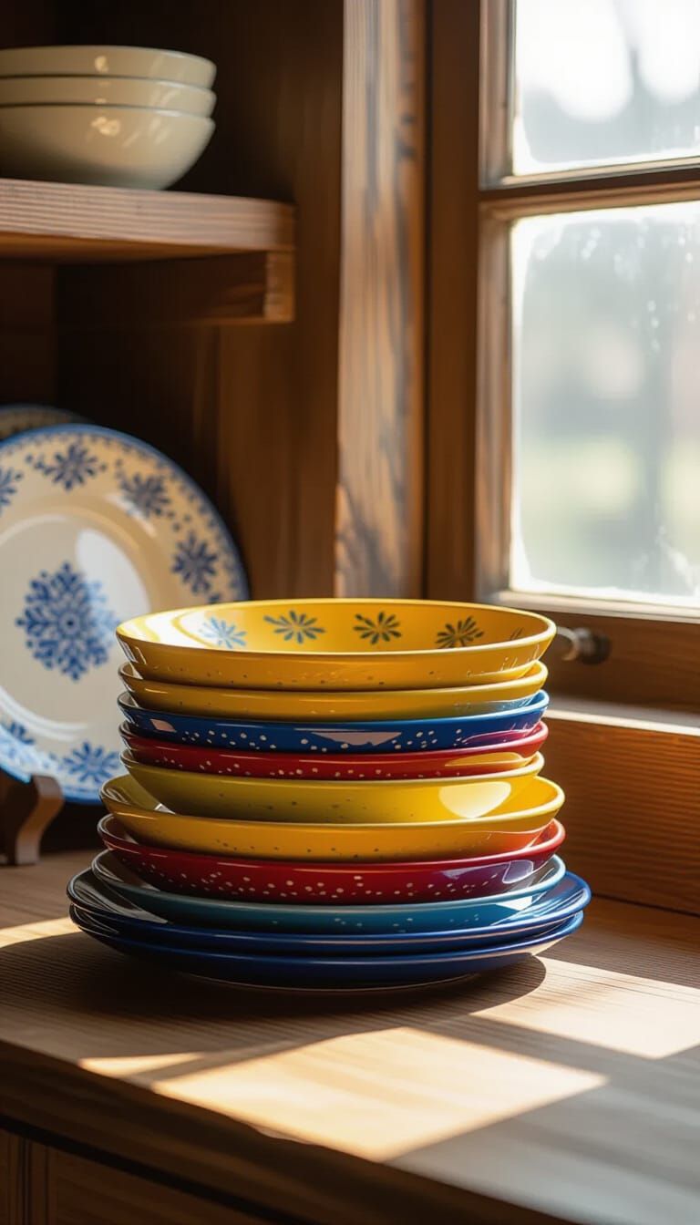 Colorful Ceramic Plates on Rustic Kitchen Shelf