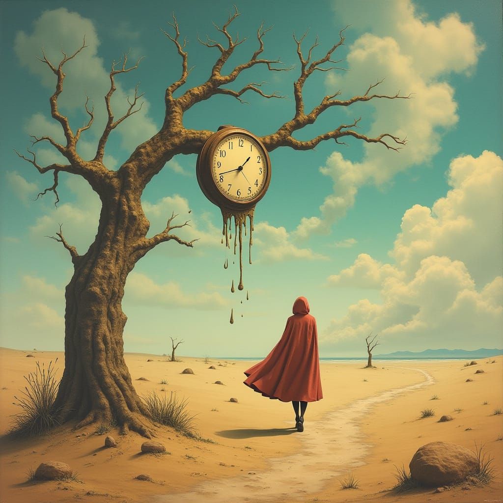 Surreal Desert Dreamscape with Melting Clock