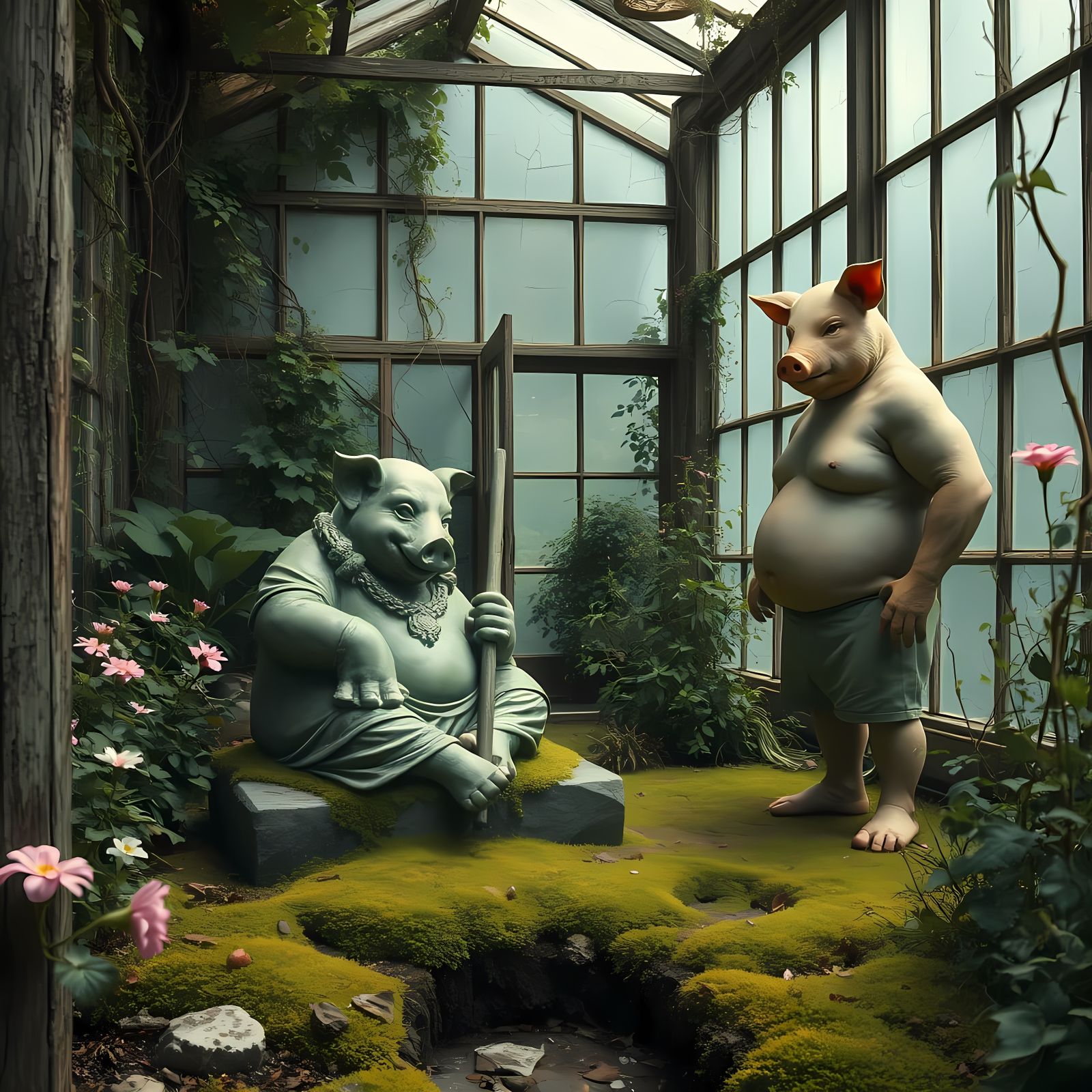Pig God Statue in Overgrown Greenhouse, Painterly Realism