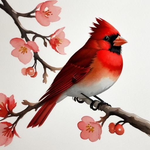 Red Cardinal and Apple Blossom Watercolor Painting