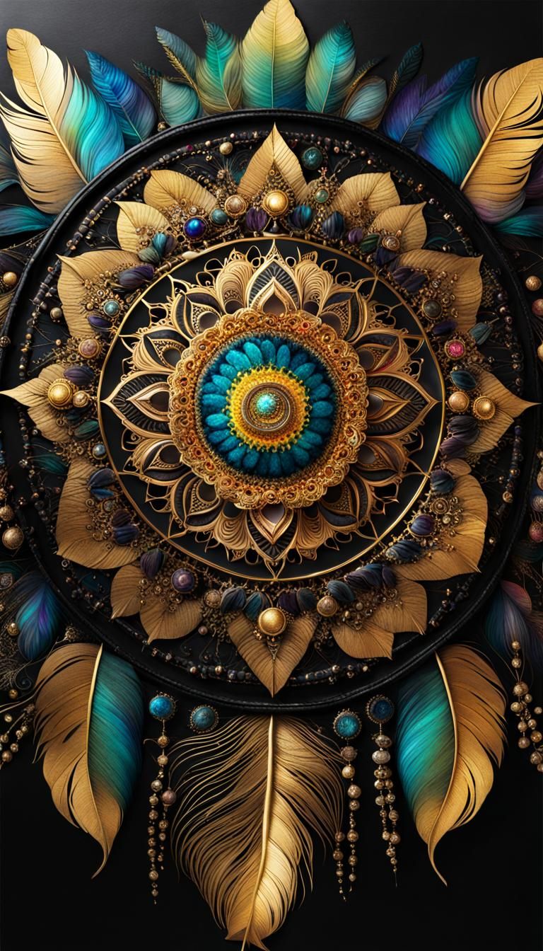 Cosmic Mandala with Golden Feather in Alcohol Ink