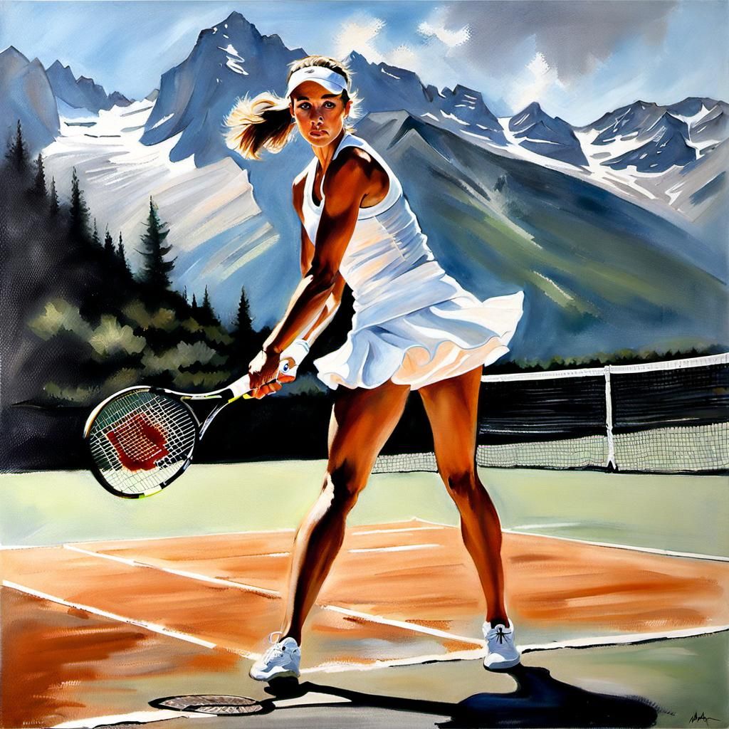 Tennis Player in the Alps: Airbrush Painting