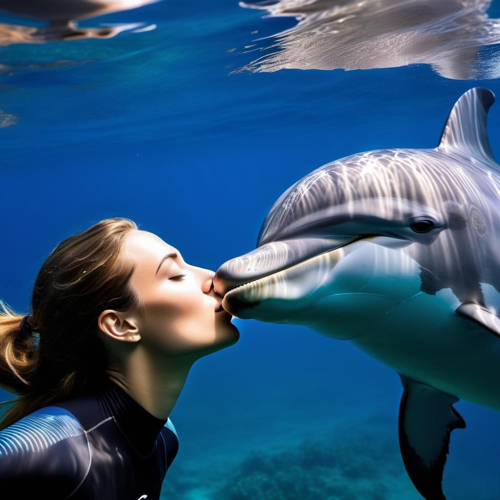 Girl Freediving with Dolphin in Natural Light