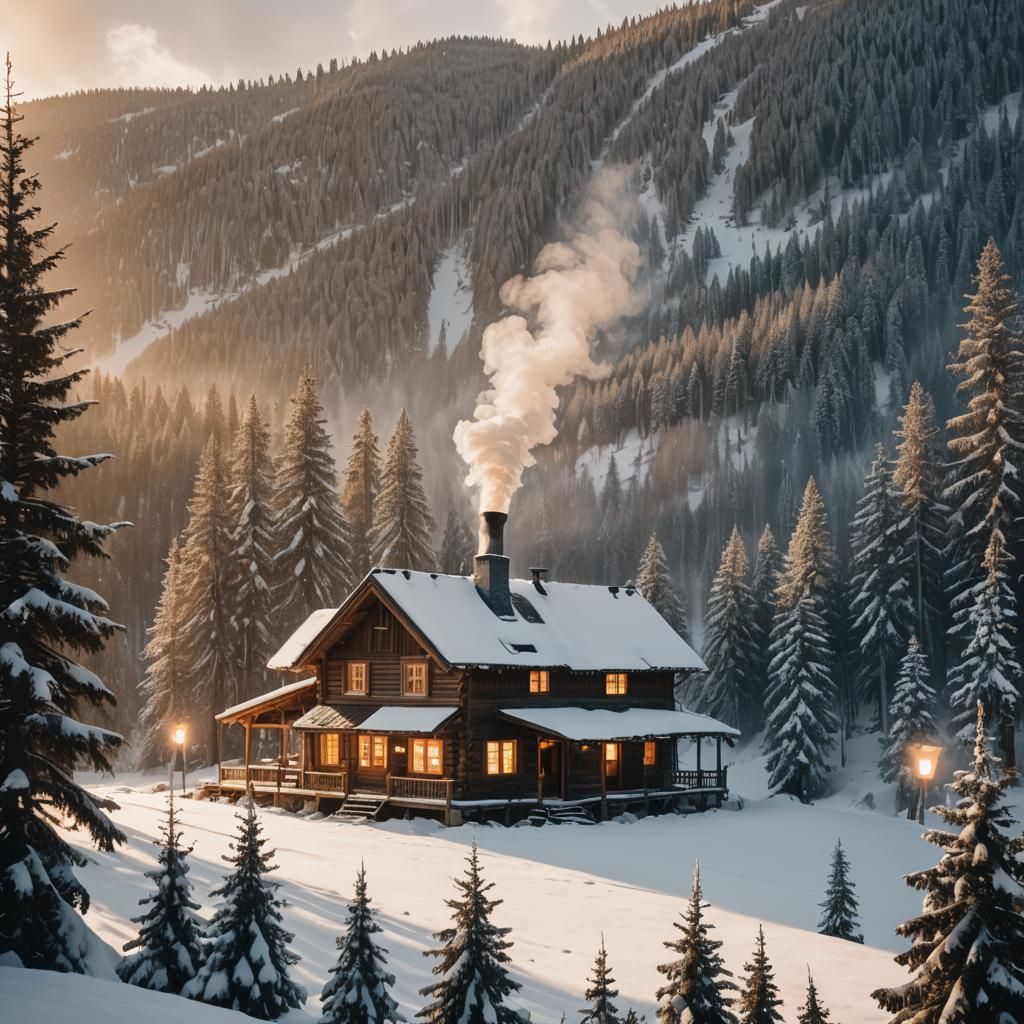 Cozy Cabin in Snowy Mountains: Cinematic Winter Scene