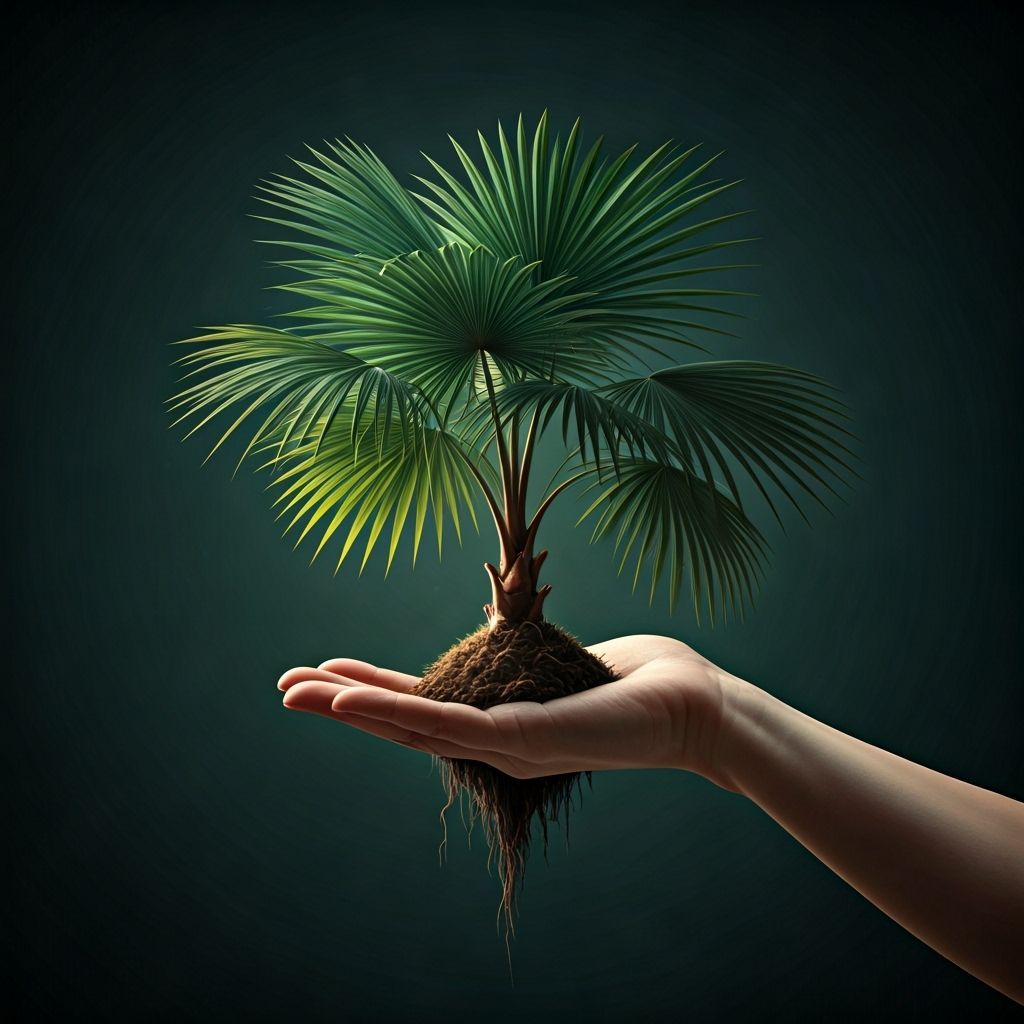 Palm Tree Sprouting in Hand: Surreal Digital Art