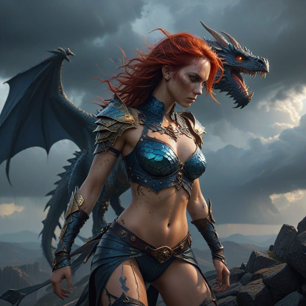 Dragon Mistress in Stormy Skies, with Fiery Hair and Golden ...
