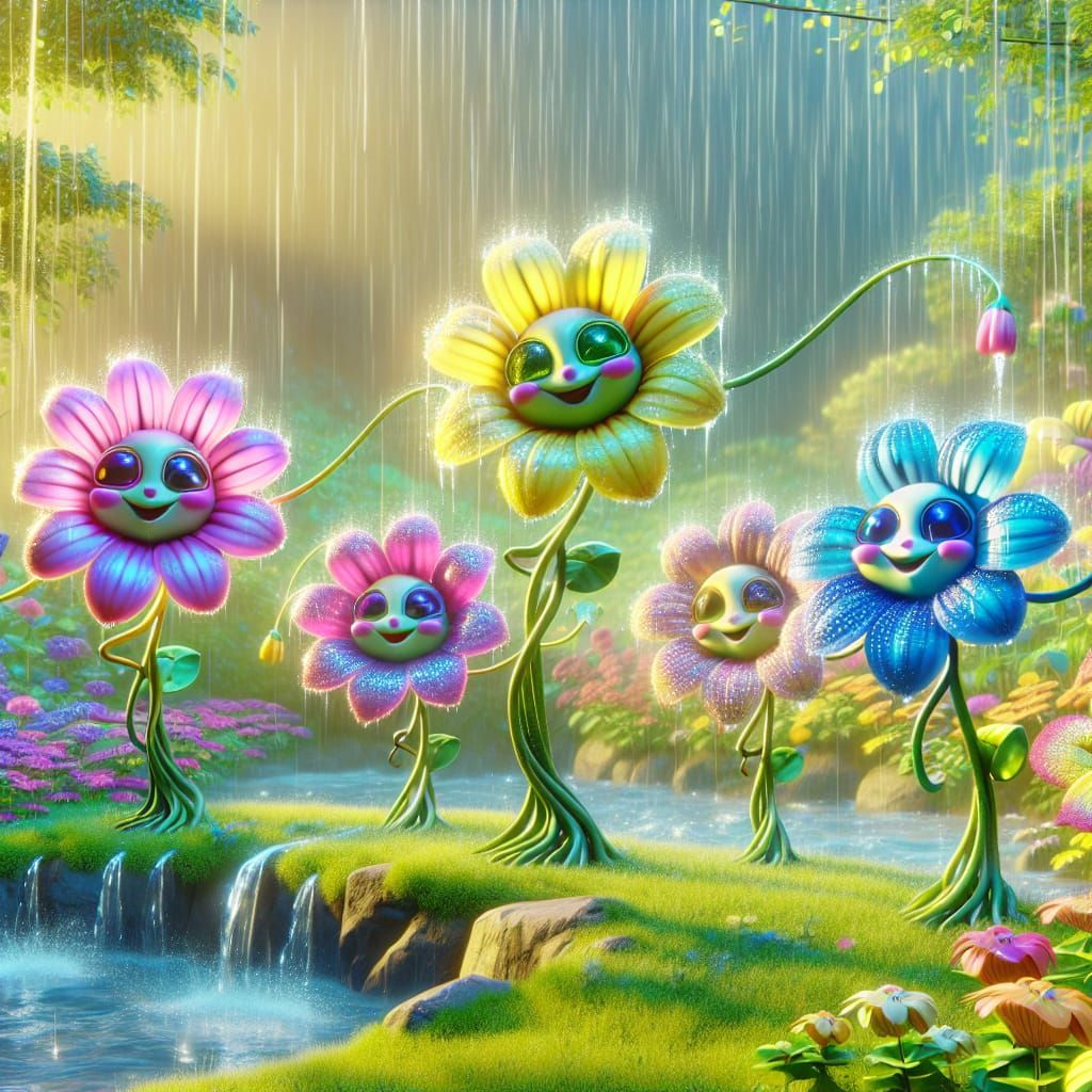 Whimsical Flowers Dance in Gentle Rain