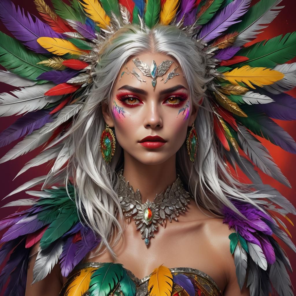 Silver Woman Portrait with Feathers in Unreal Engine Style