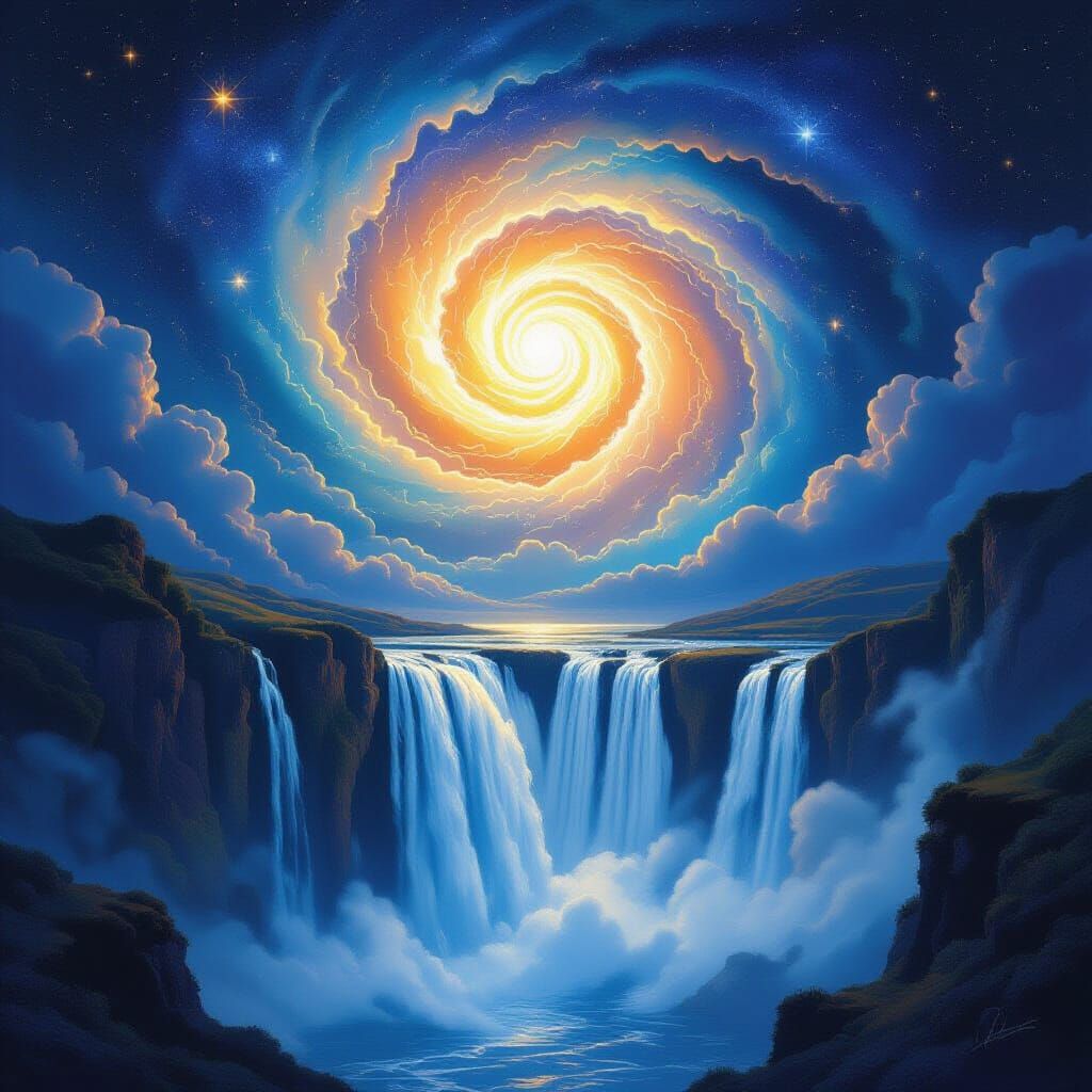 Moon Melts Into Waterfall Above Galaxy, Ethereal Digital Pai...