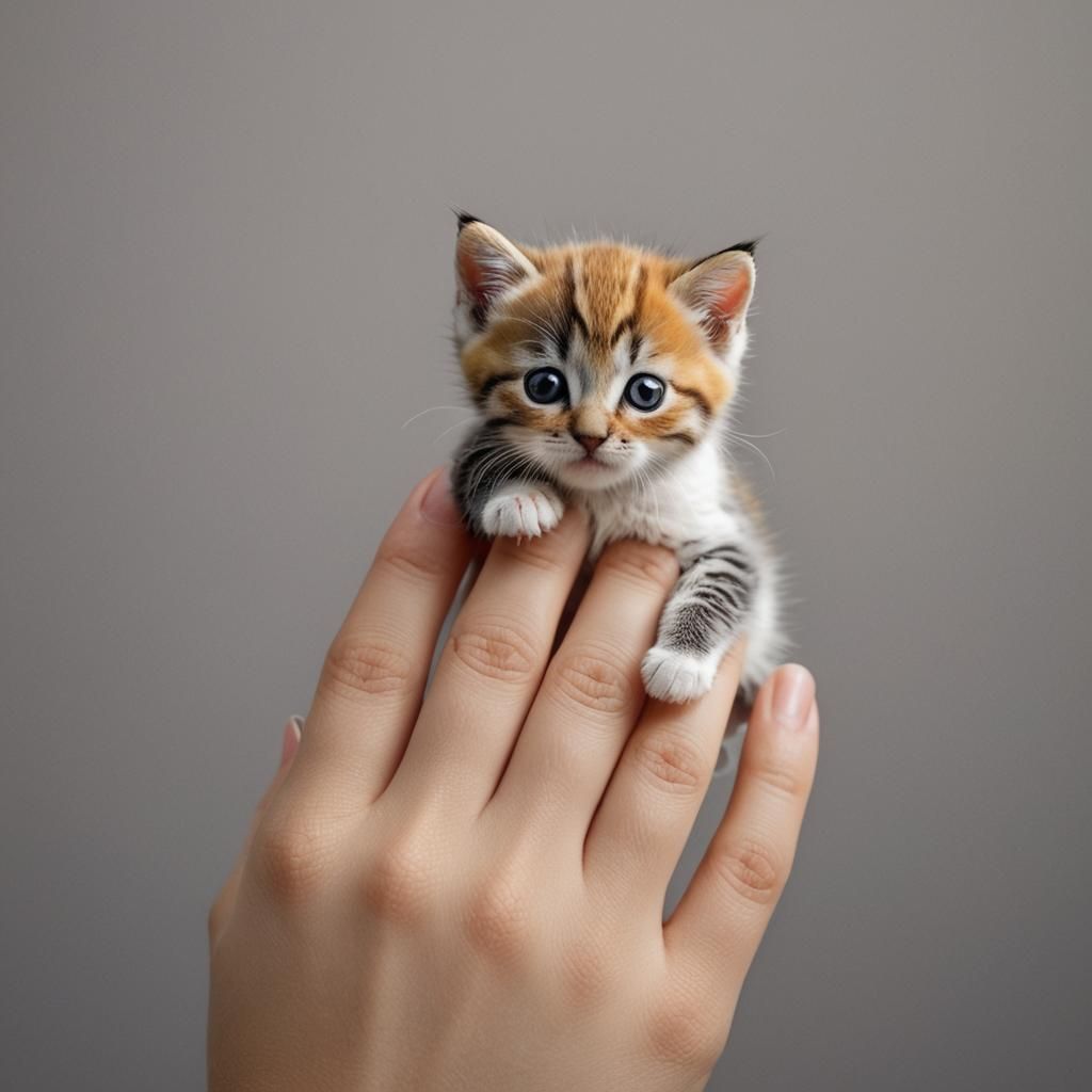 Rainbow Kitten Perched on Finger: High-Resolution Detail