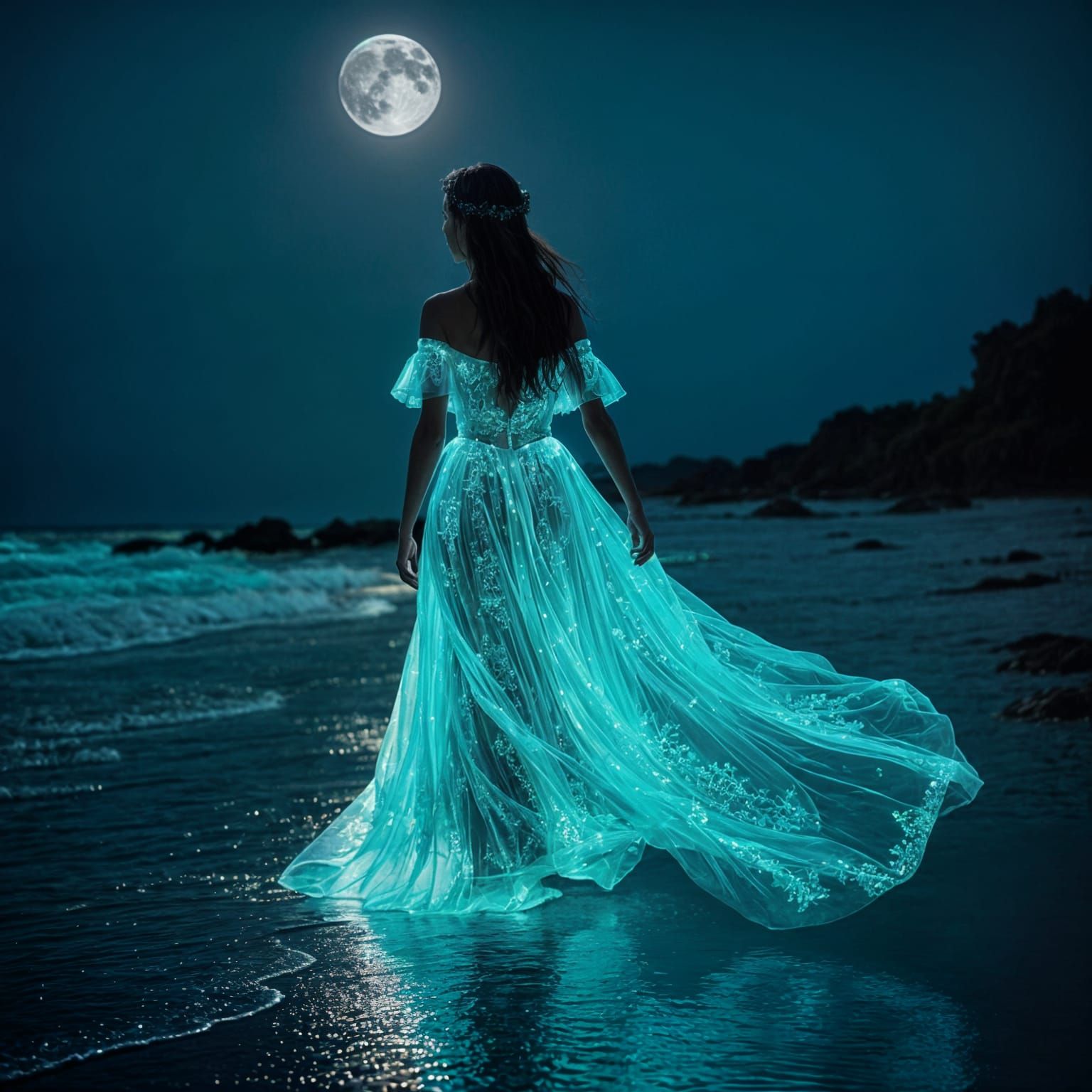 Bioluminescent Sea Goddess on Moonlit Shore