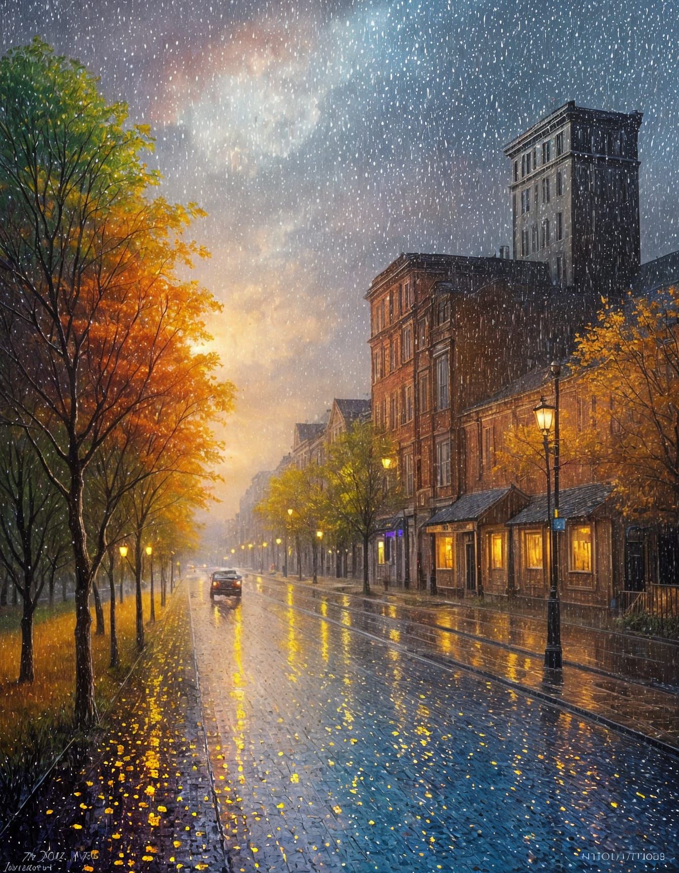 Pointillist Rainy Landscape Painting with Atmospheric Detail