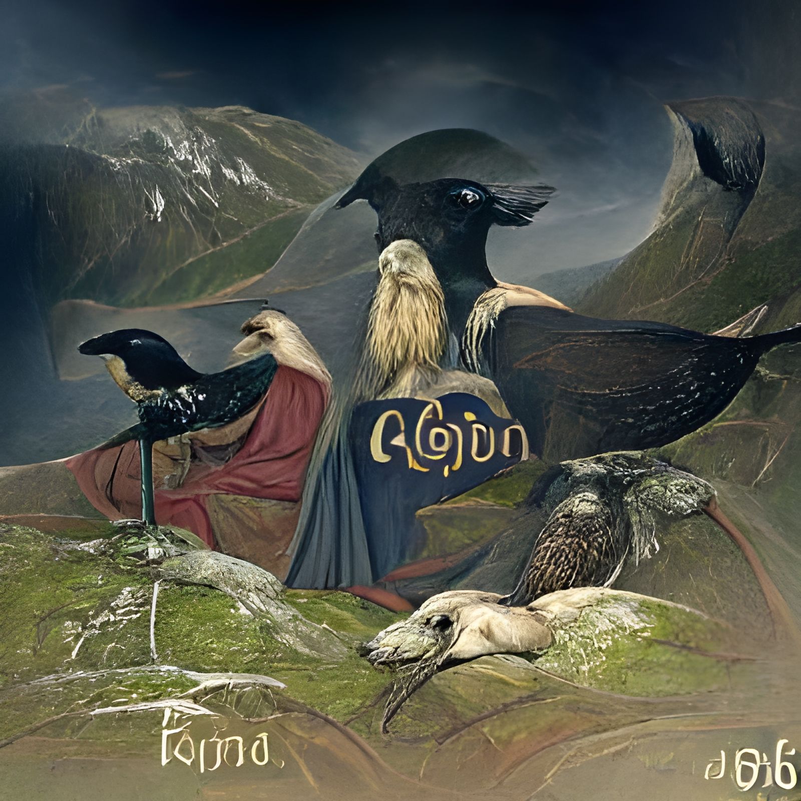 Odin with Huginn and Muninn in Medieval Style