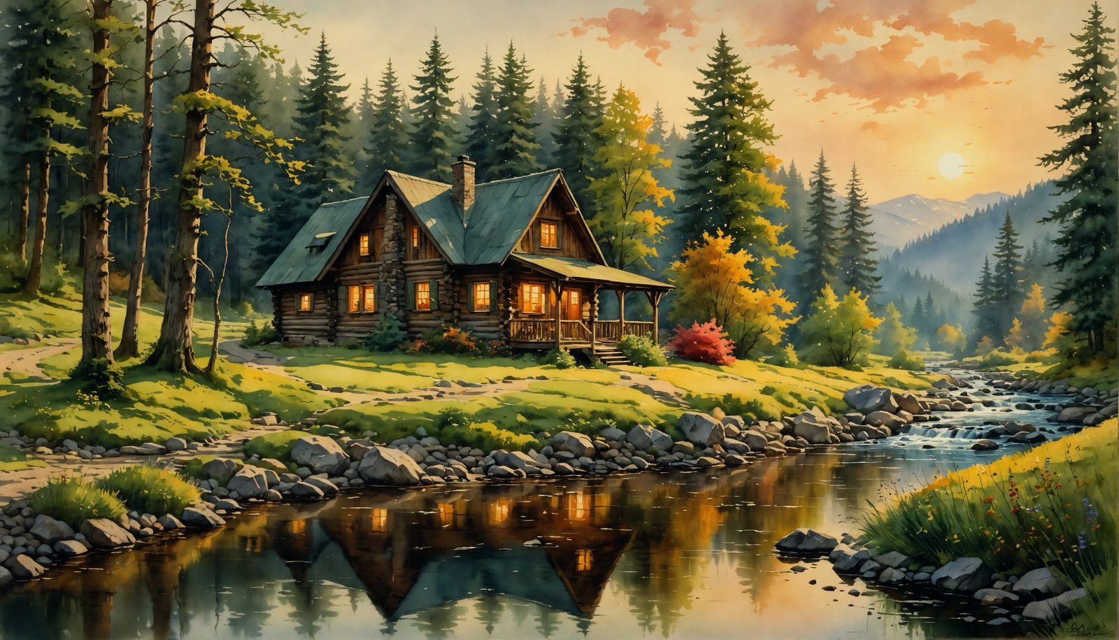 Cabin by Stream: Colorful Romantic Watercolor Landscape