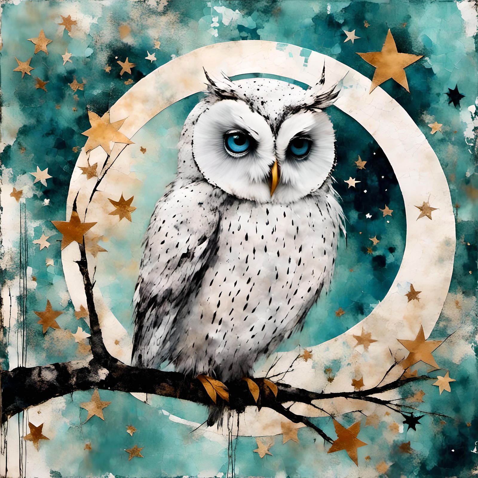 Whimsical White Owl with Moon and Stars