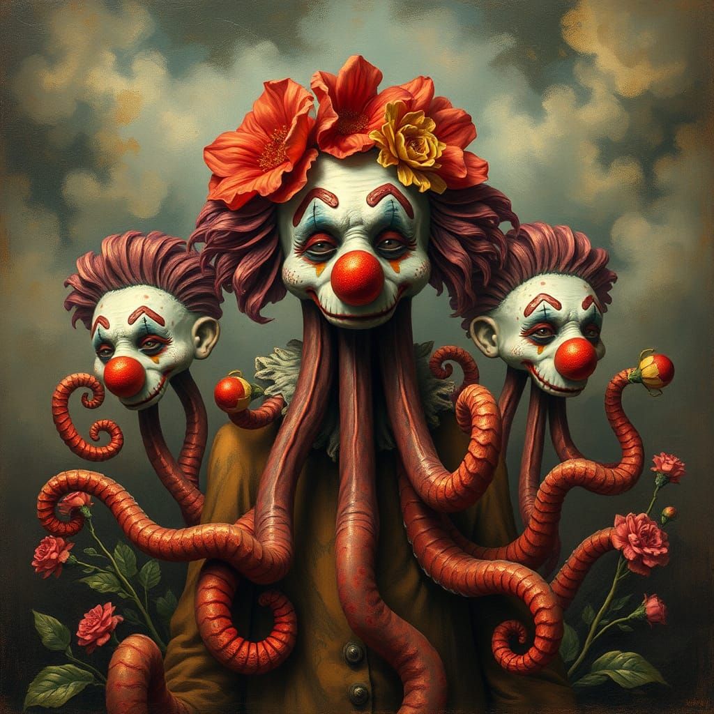 Surreal Clown with Flowers and Tentacles