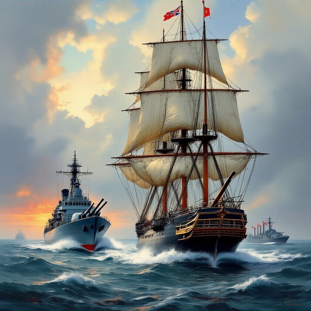 British Tall Ship Broadside in Romantic Realism Style